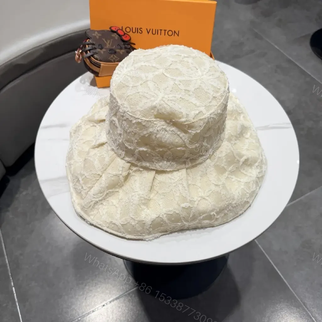 View 10 of Cream Lace Bucket Hat with Gold Accent Emblem, Ivory Crown Hat