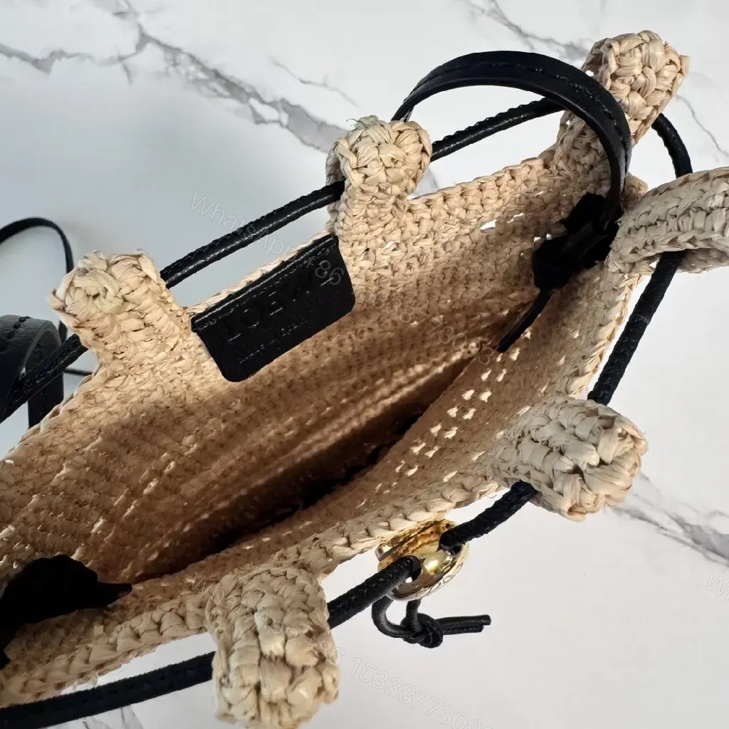 View 9 of Beige Straw Crochet Bag with LOEWE Logo Drawstring Tote