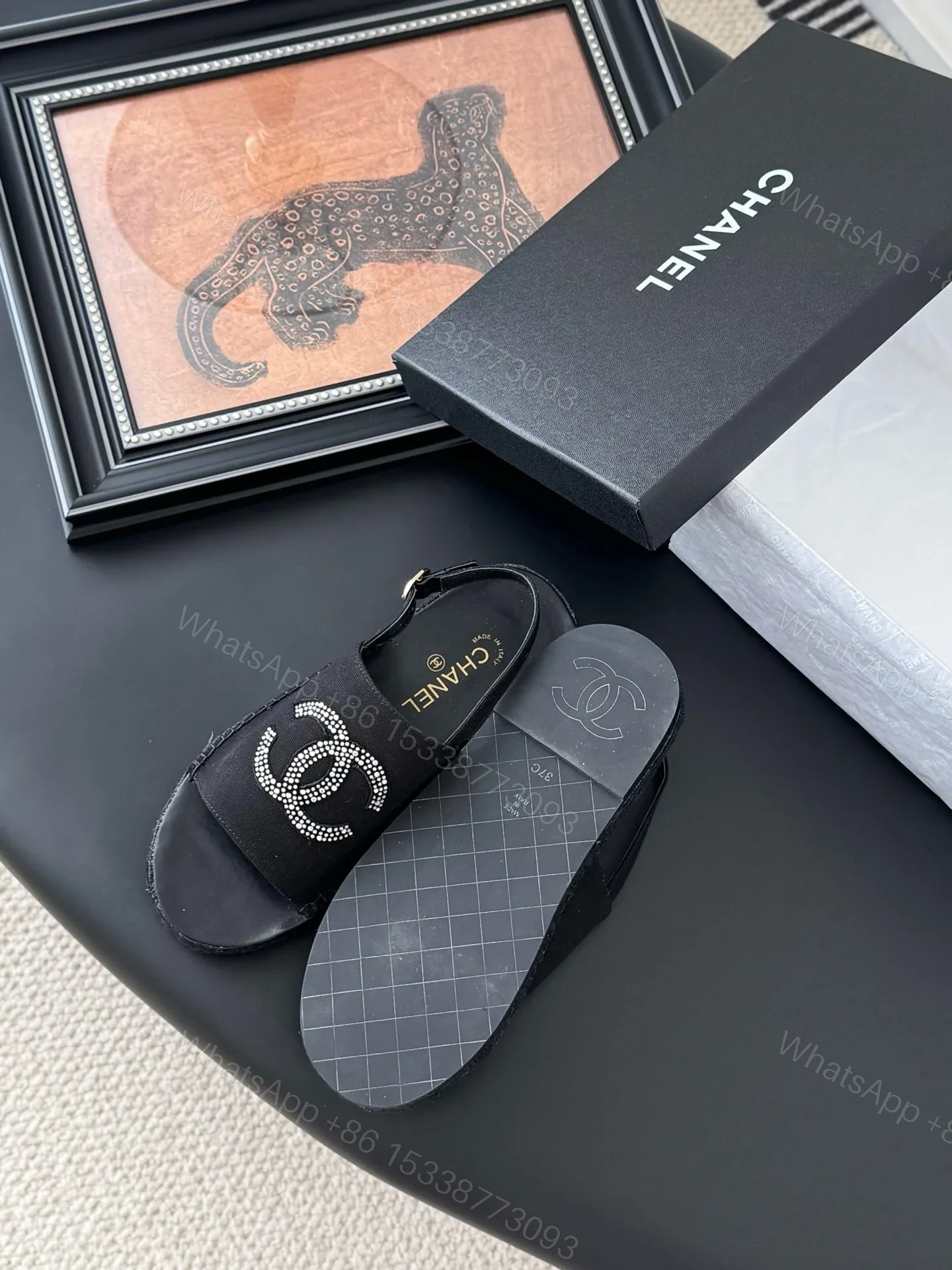 View 5 of Chanel Women Black Fabric Logo Embellished Sandals