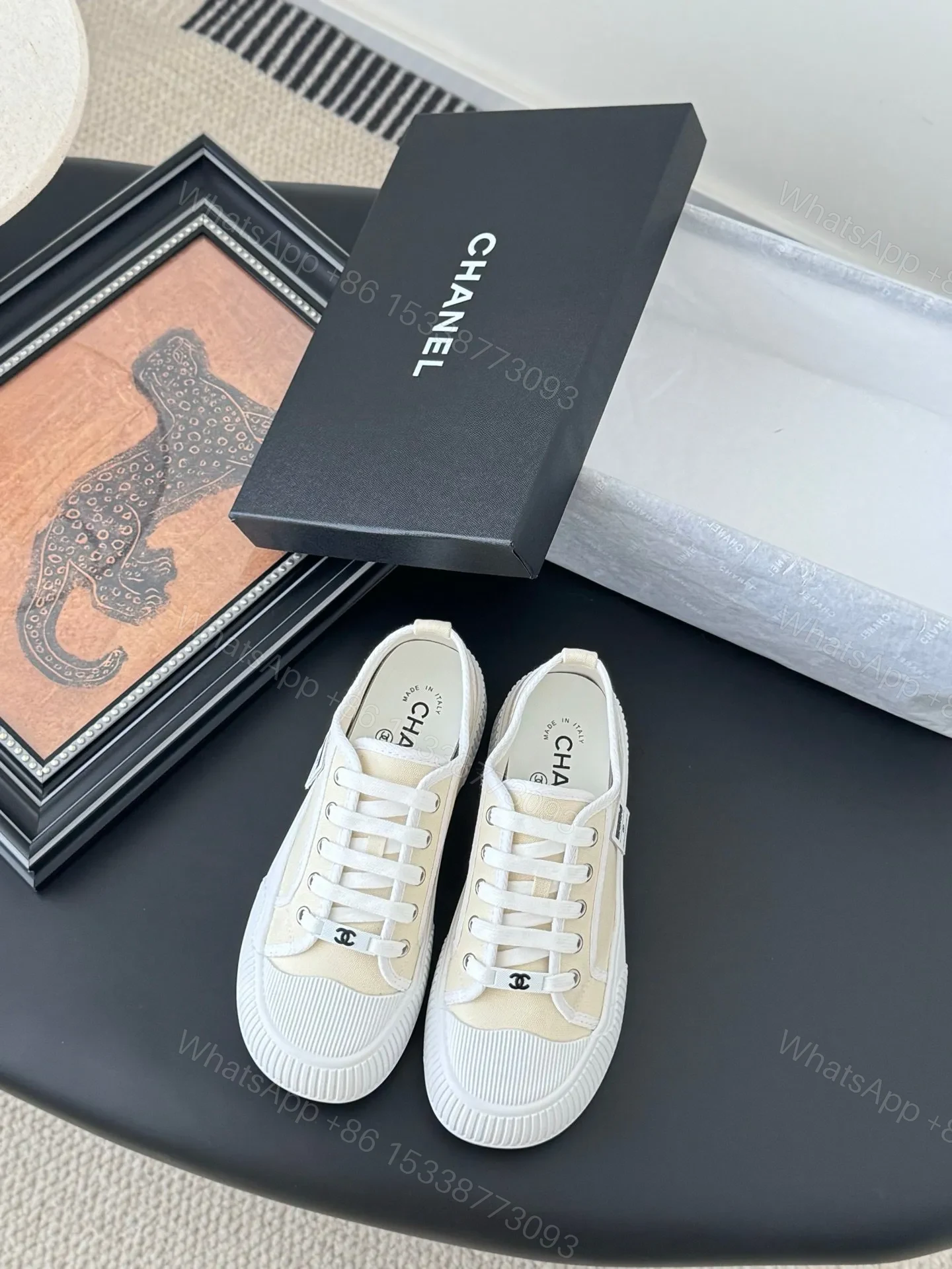 Chanel Women White Canvas Lace-Up Sneakers — view 1