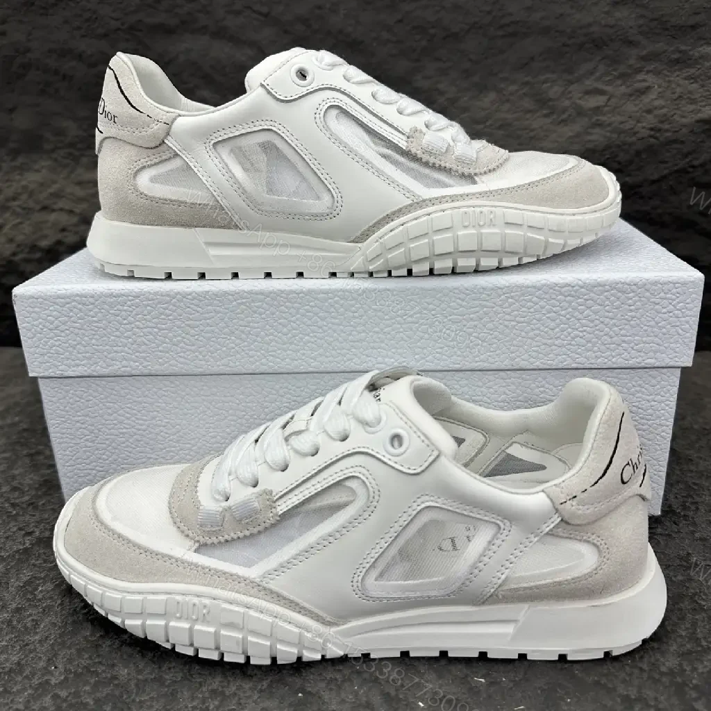 View 8 of White Leather Mesh Sneakers Dior Style Key Feature Cushioning Shoe