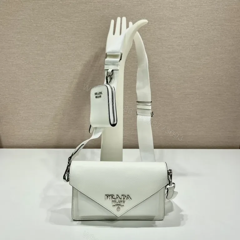View 4 of White Prada Crossbody with Detachable Pouch - Luxe Saffiano Bag