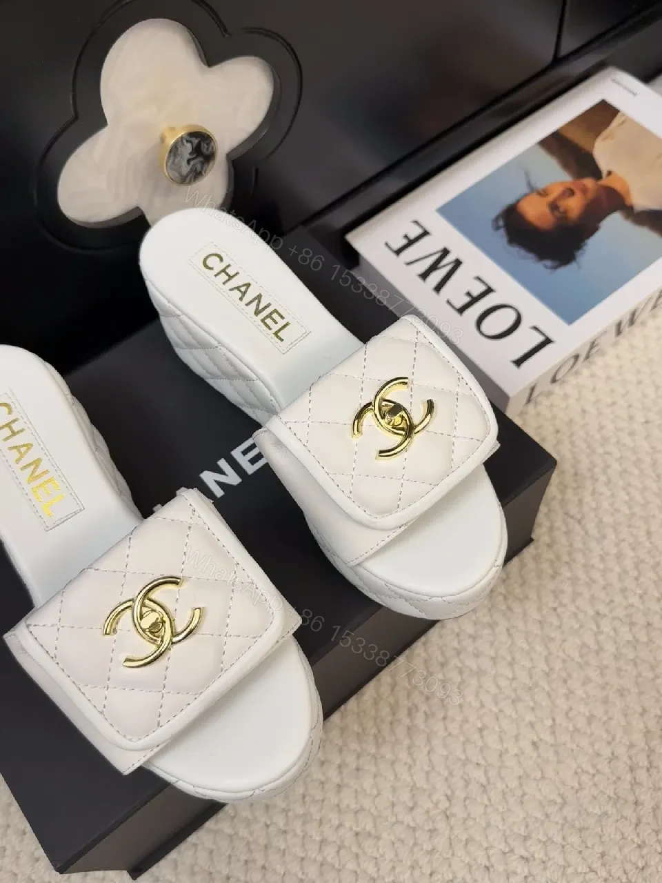 View 7 of White Quilted Slide Sandals with Gold Logo, Luxury Comfort