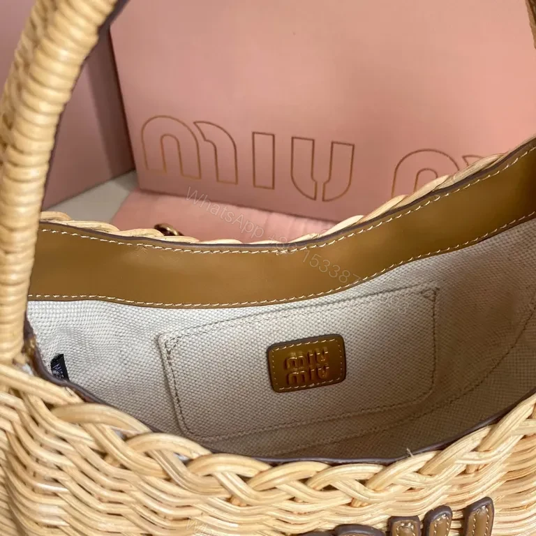 View 2 of Natural Raffia Monogram Handbag â€“ Miu Miu Inspired, Compact Chic