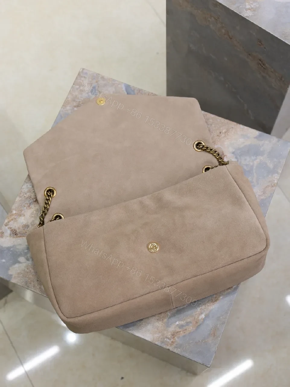 View 2 of Taupe Suede Clutch – Gold Hardware, Envelope Style, Everyday Luxe
