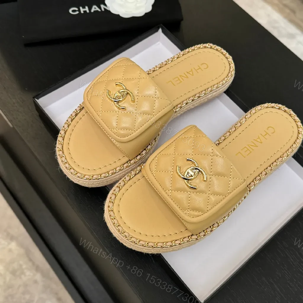 View 5 of Beige Quilted Slide, Gold Logo, Designer-Inspired Comfort