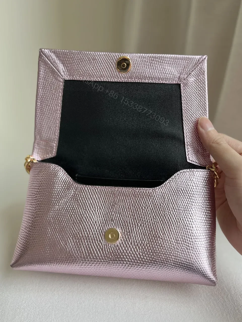 View 6 of Chic Metallic Wallet on Chain: Textured Pink Leather, Gold Chain, Luxury Style, Cardholder Wallet