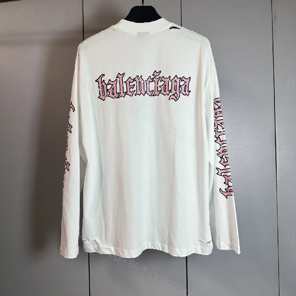 View 7 of White Cotton Blend Tee, Balenciaga-Inspired Graphic, Long Sleeve Tee