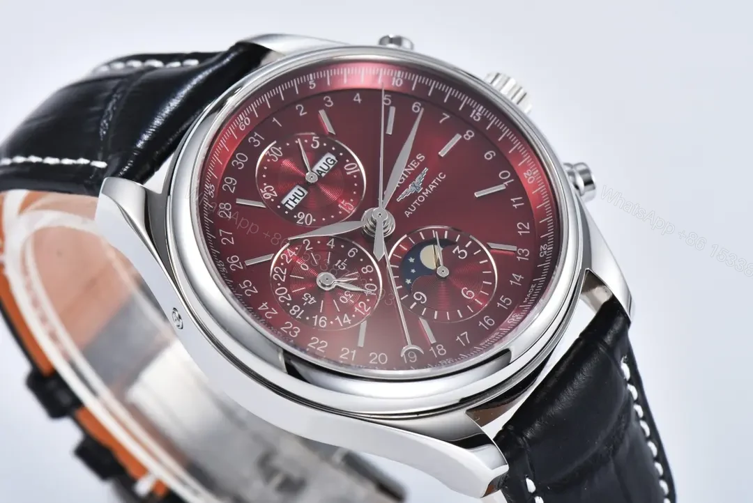 View 4 of Longines Master Collection Moonphase Chronograph Watch Red Dial Stainless Steel Case Black Leather Strap 42mm