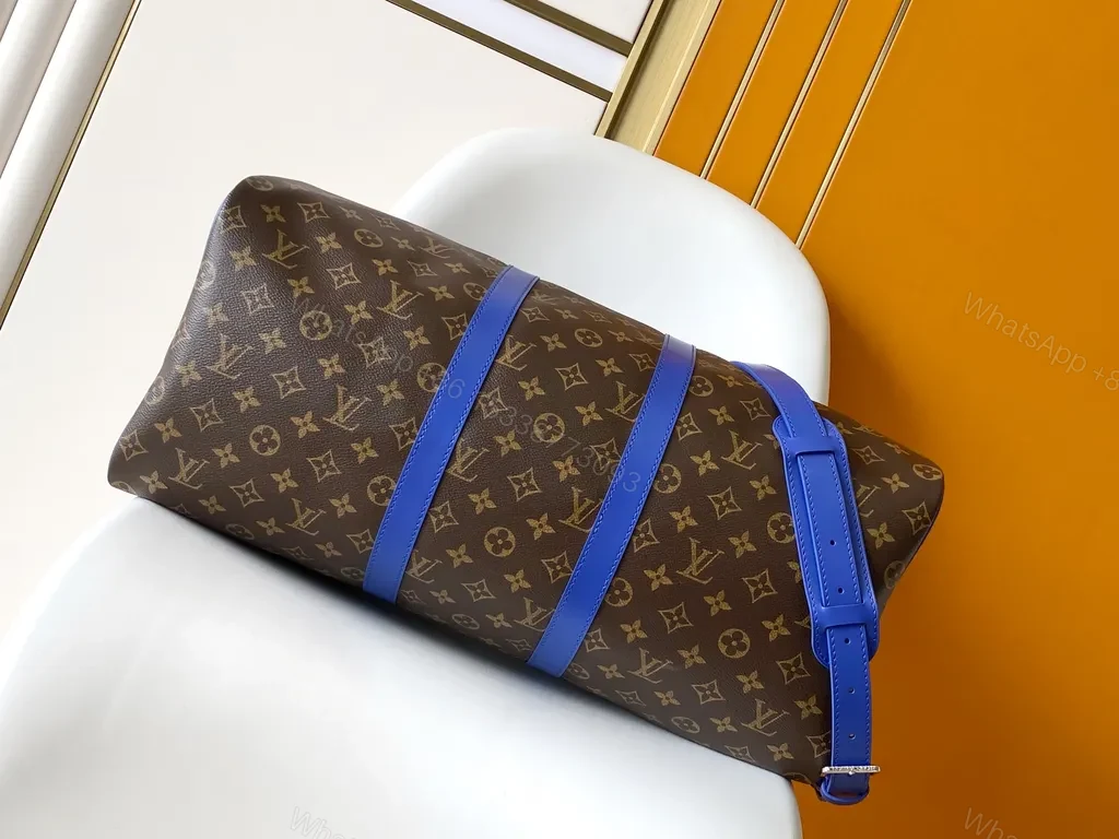 View 7 of Bold Monogram Weekend Bag: Electric Blue Straps, Luxe Travel
