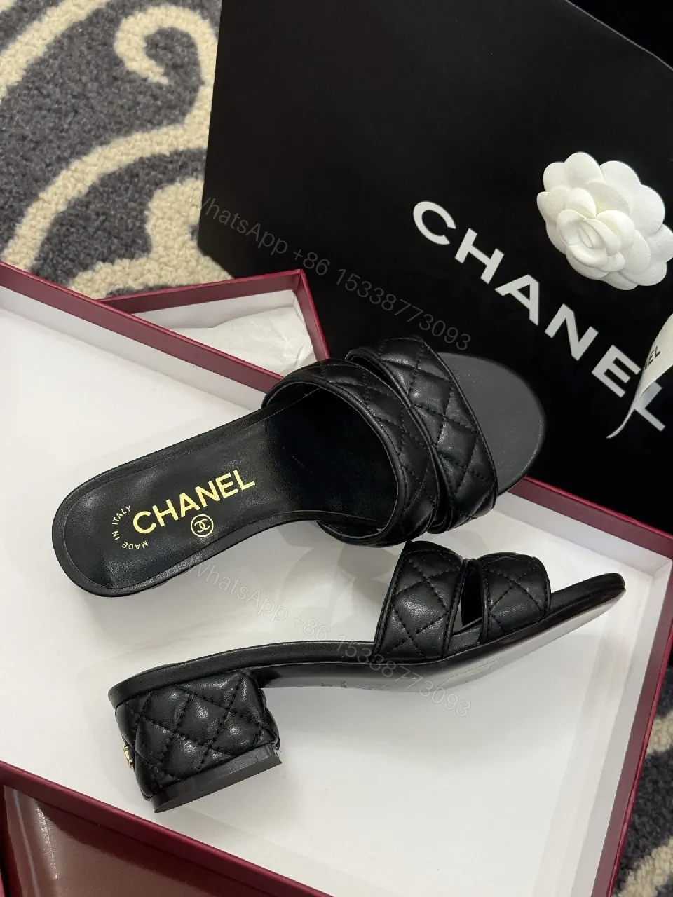 View 2 of Quilted Leather Mules – Black, Open-Toe, Low Block Heel