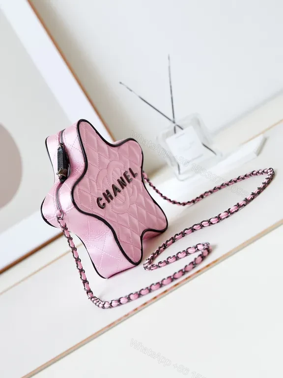 View 3 of Chanel-Inspired Star Shaped Pink Quilted Crossbody Bag
