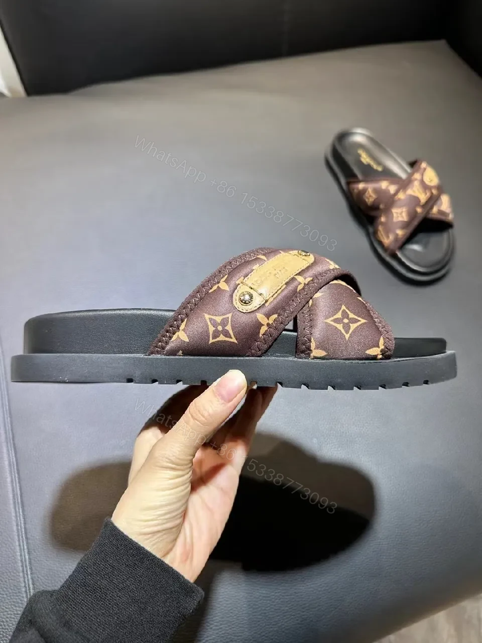 View 3 of Brown LV-Inspired Cross-Strap Slides, Premium Comfort