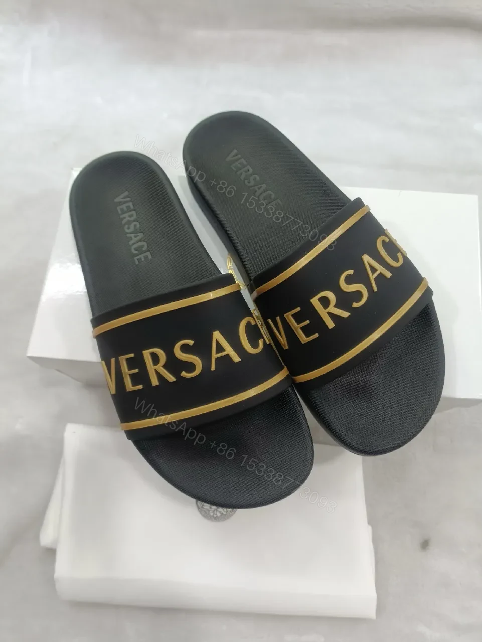 View 4 of Patterned Strap Slides with Gold Accent, Luxe Comfort Sandals