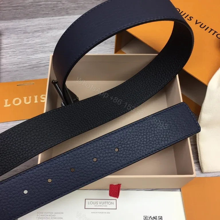 View 5 of Navy Leather Belt: LV Silver Buckle, Pebble-Grain Calfskin, Luxury Style, Premium All-Day Wear, Belt
