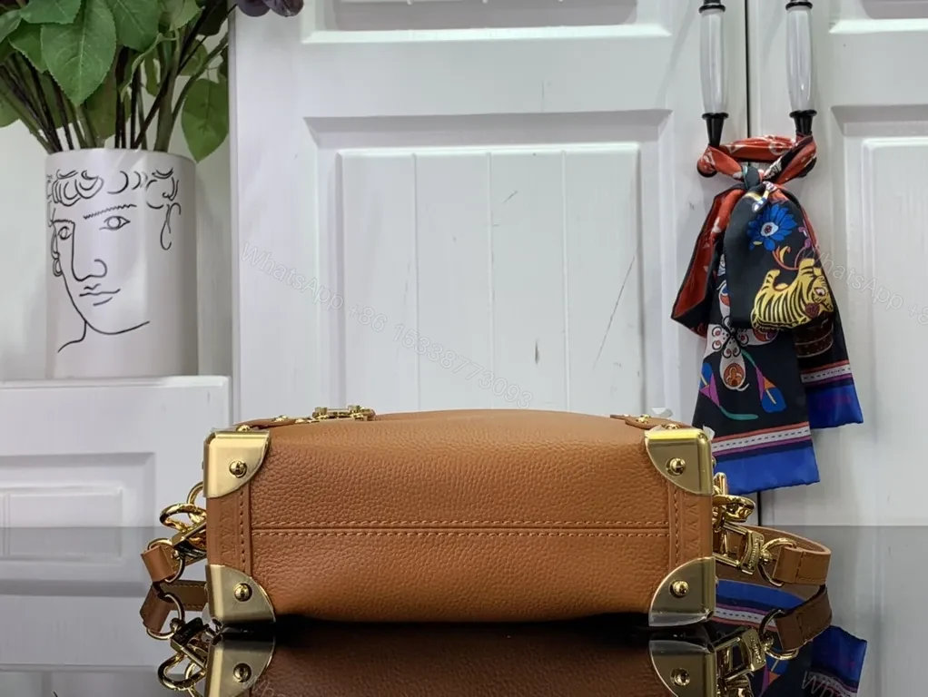 View 2 of Cognac Leather Satchel: Gold-Stud Accent, Structured Style
