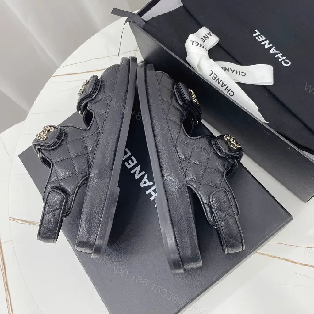 View 2 of Black Leather Sandals with Quilted Detail, Velcro Straps, Cushioned Comfort