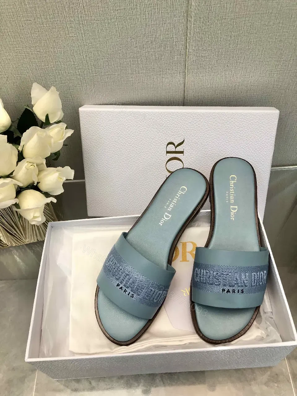 View 2 of Blue Denim Strap Slide Sandals Dior Paris Style Lightweight Comfort Sandal