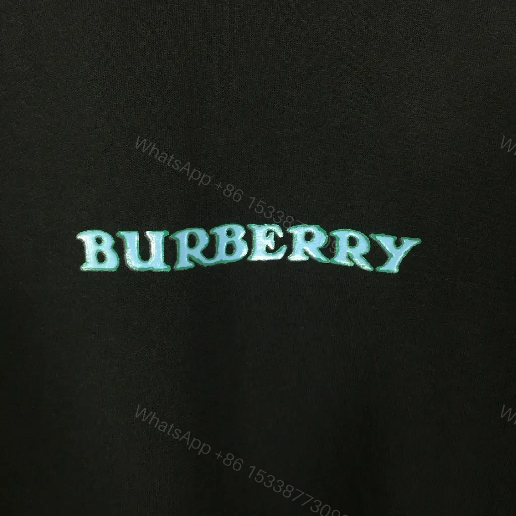 View 9 of Black Cotton T-shirt Regular Fit Turquoise Burberry Chest Text T-shirt