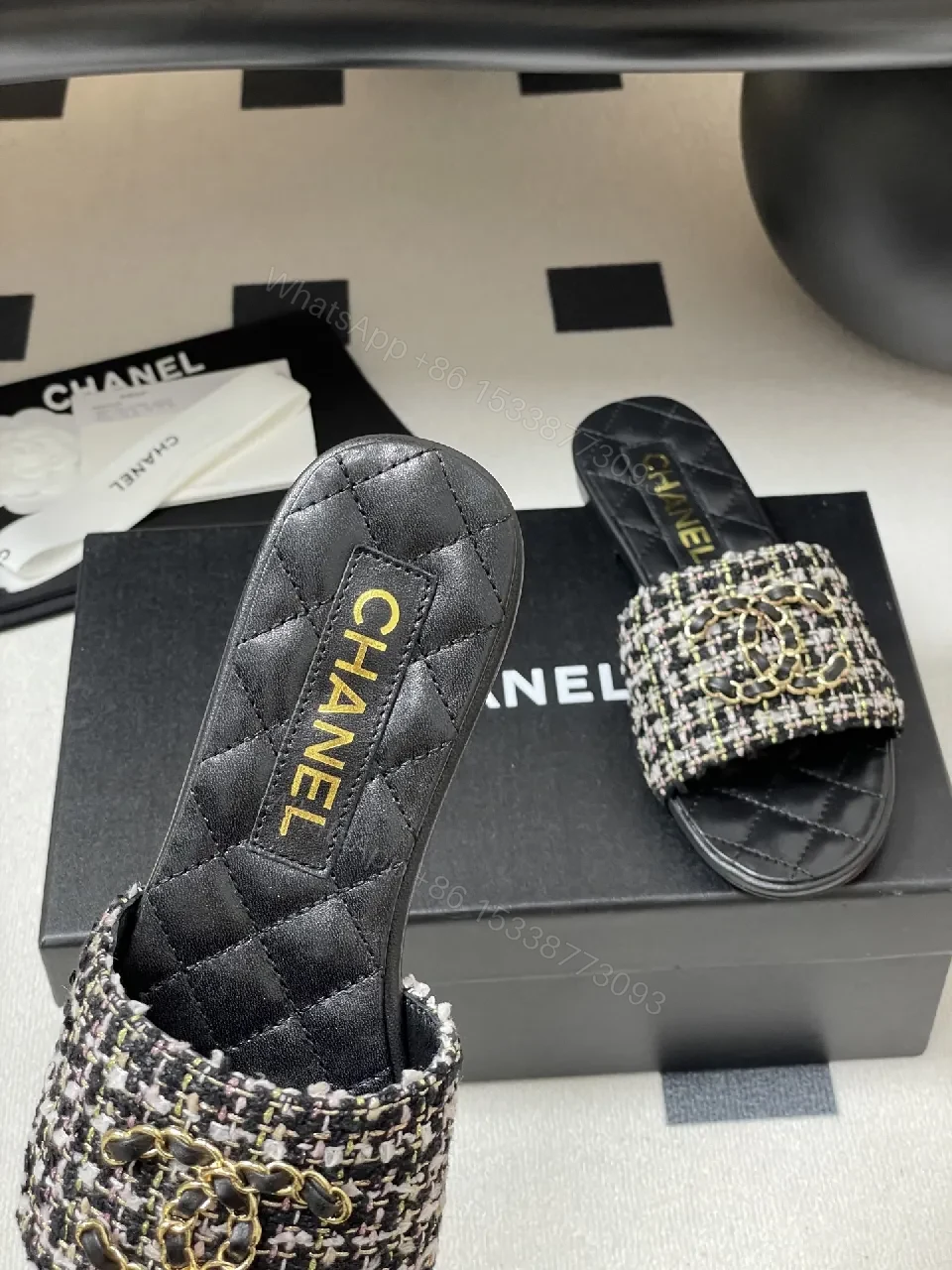 View 5 of Tweed Slide Sandals with Gold Chain Detail, Lux Comfort