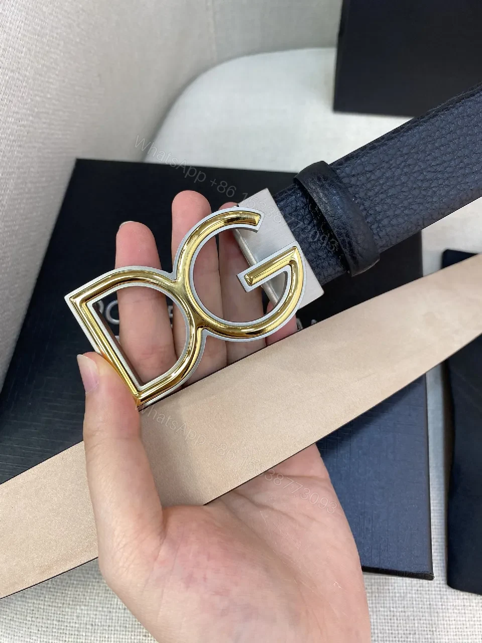 View 4 of Bold Leather Belt with Gold Buckle, Full-Grain Black Leather, Luxe Minimalism