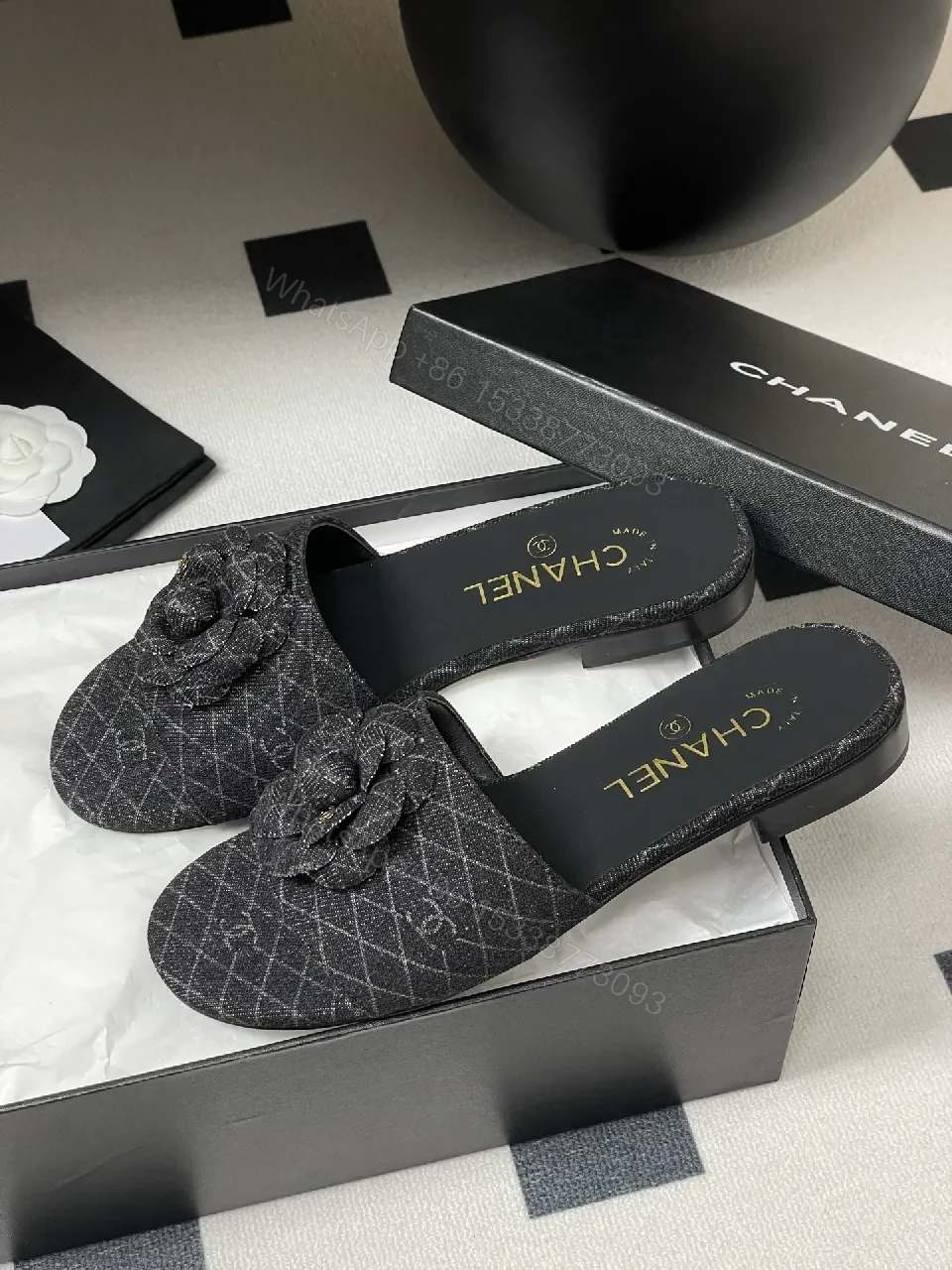 View 7 of Quilted Tweed Slides with Camellia Charm, Open-Back Luxury