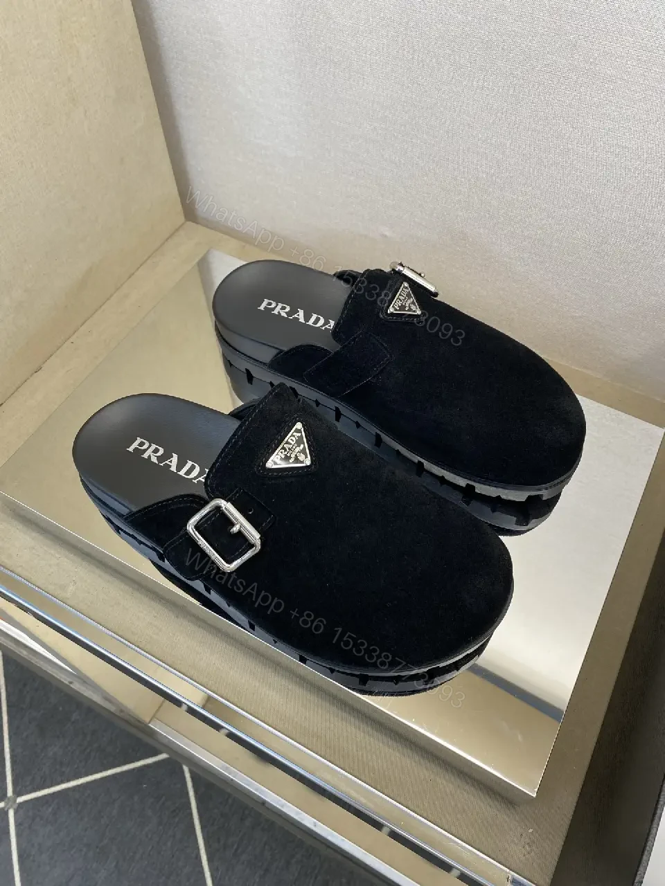 View 6 of Black Suede Prada Mule Slippers with Silver Buckle