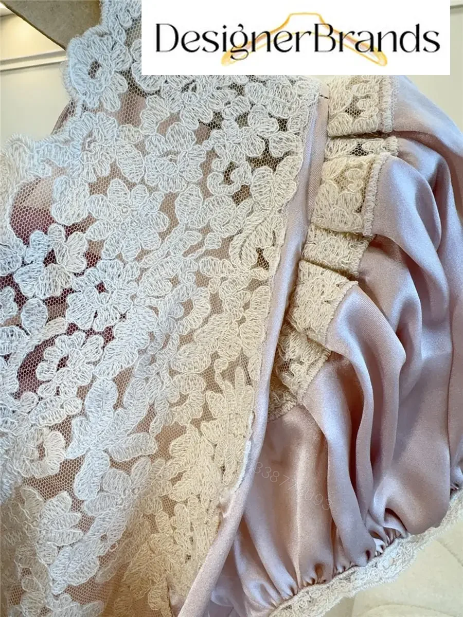 View 7 of Chloe Pale Pink Silk Satin Maxi Dress with Lace Trim