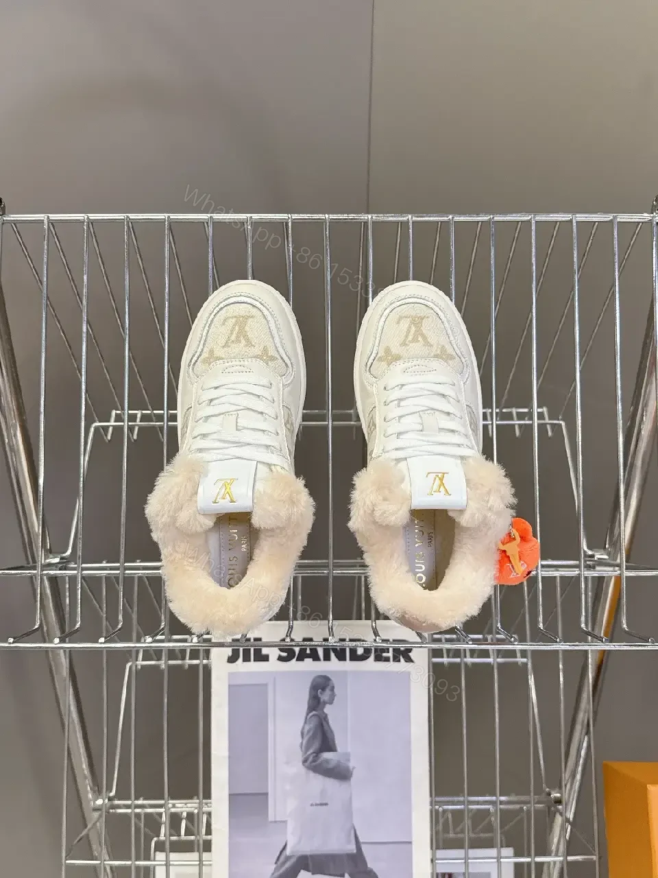 View 8 of White Leather Fur-Trim High-Top Sneakers + Plush Detail