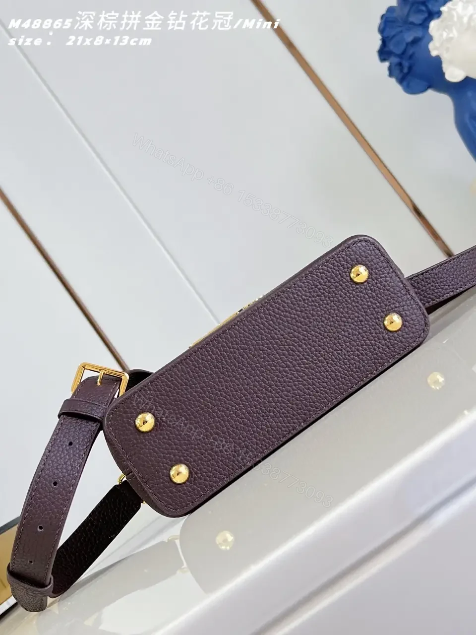 View 6 of Compact Pebbled Leather Handbag with Gold Hardware, Brown, Crossbody/Top Handle