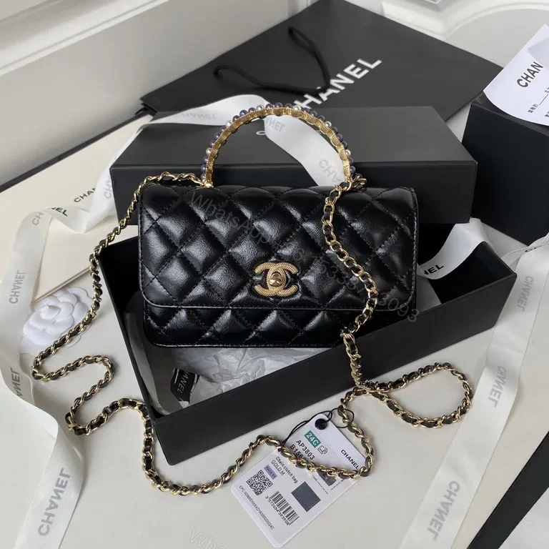 Chanel-Inspired Quilted Black Calfskin Bag with Chain — view 1