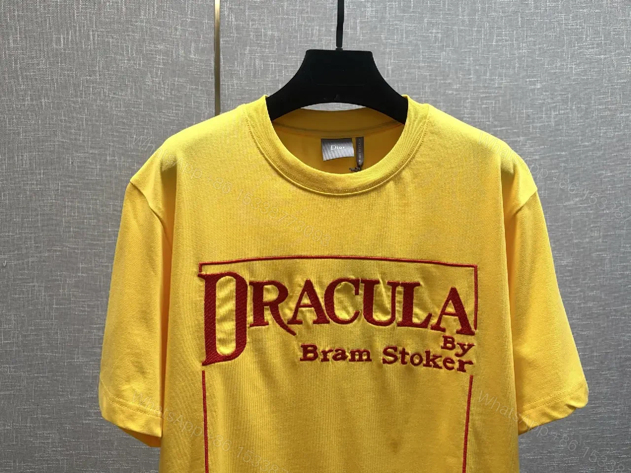 View 7 of Yellow Cotton T-Shirt with Dracula Print, Dior Brand Style, Graphic Tee