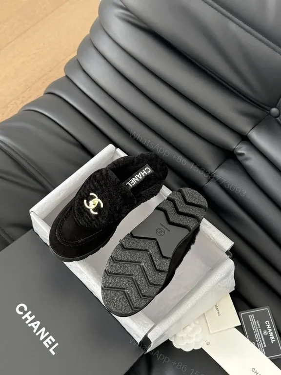 View 3 of Velvet Trim Slippers - Chanel-Inspired, Gold Logo Slip-Ons