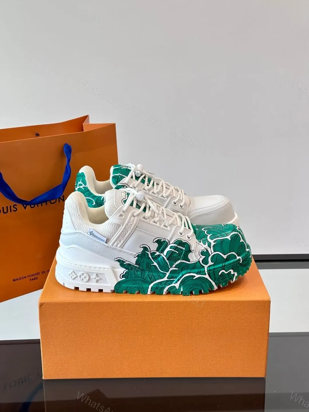 LV Men White Green Leather Sneakers — view 1