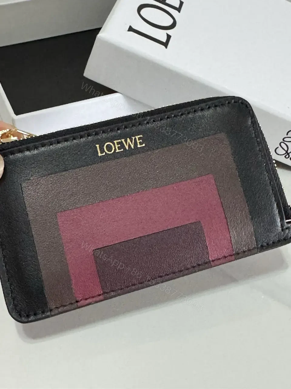 View 9 of Black Leather Color-Block Card Wallet with Gold Zipper and LOEWE Logo