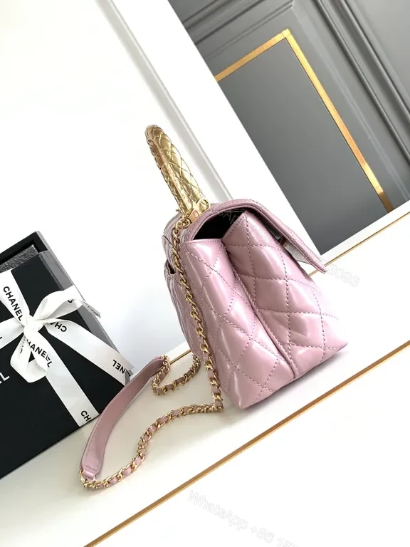 View 3 of Soft-Gloss Quilted Pink Handbag with Gold Chain Top Handle