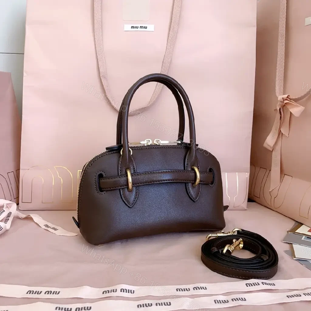 View 9 of Compact Pebbled Leather Satchel with Gold Hardware