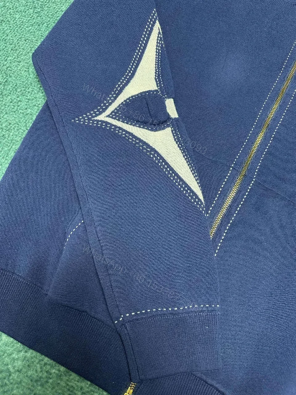 View 8 of Navy Velour Zip Hoodie - Luxury LV-Inspired Detail