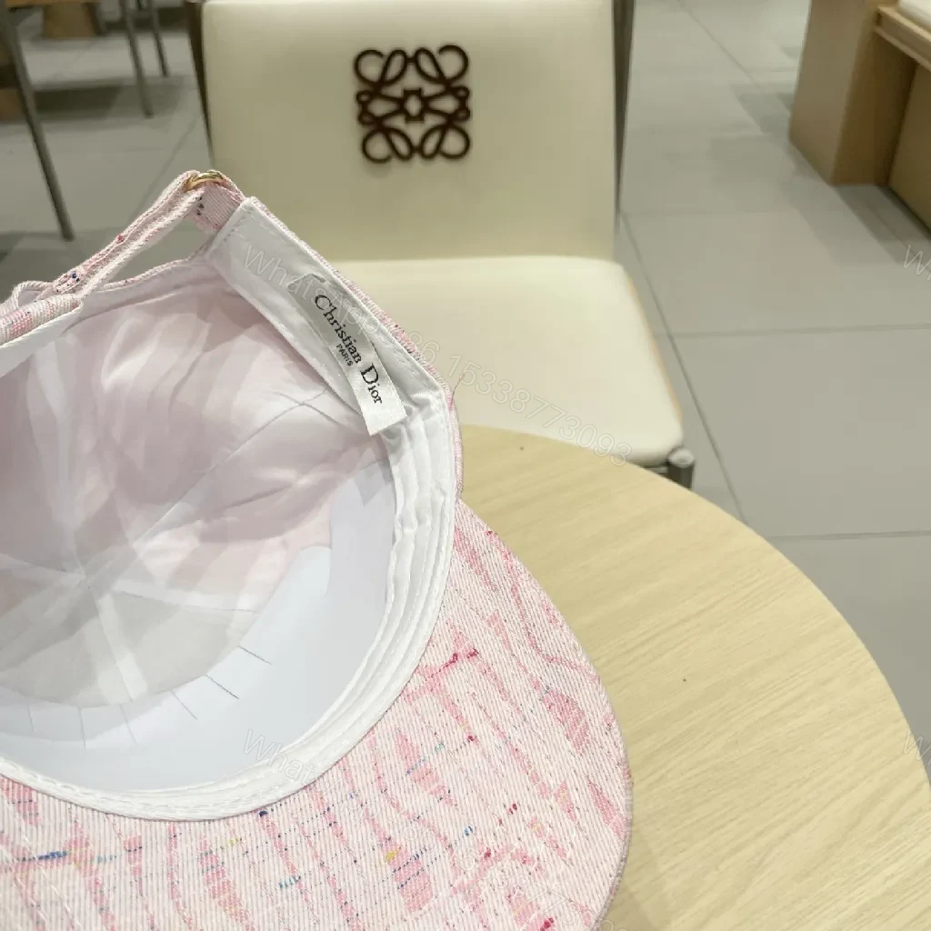 View 3 of Linen-Blend Cap: Pink Textured Knit, Dior-Inspired Patch, Soft Crown