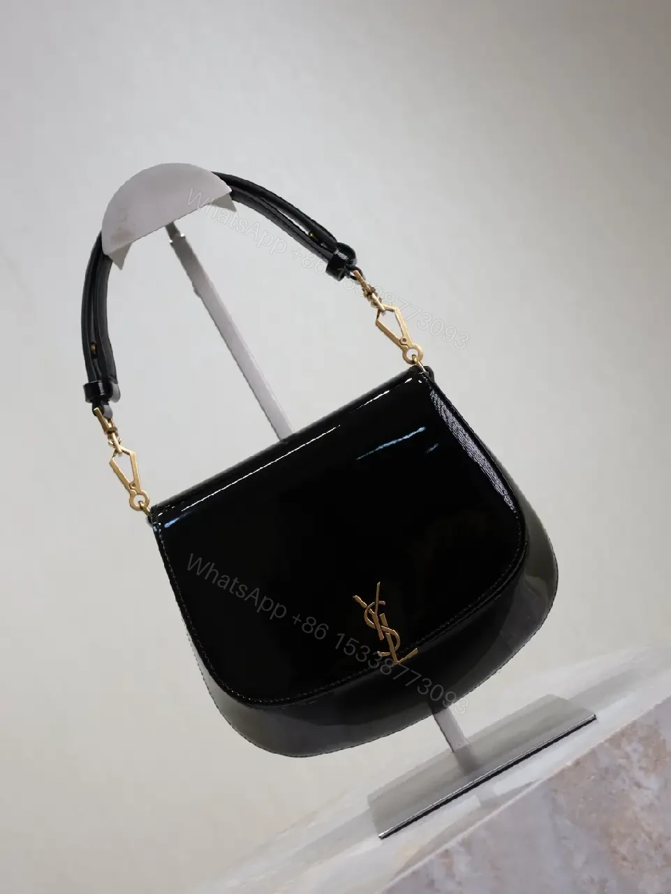 View 7 of Glossy Black Patent Leather Shoulder Bag with Gold Accent