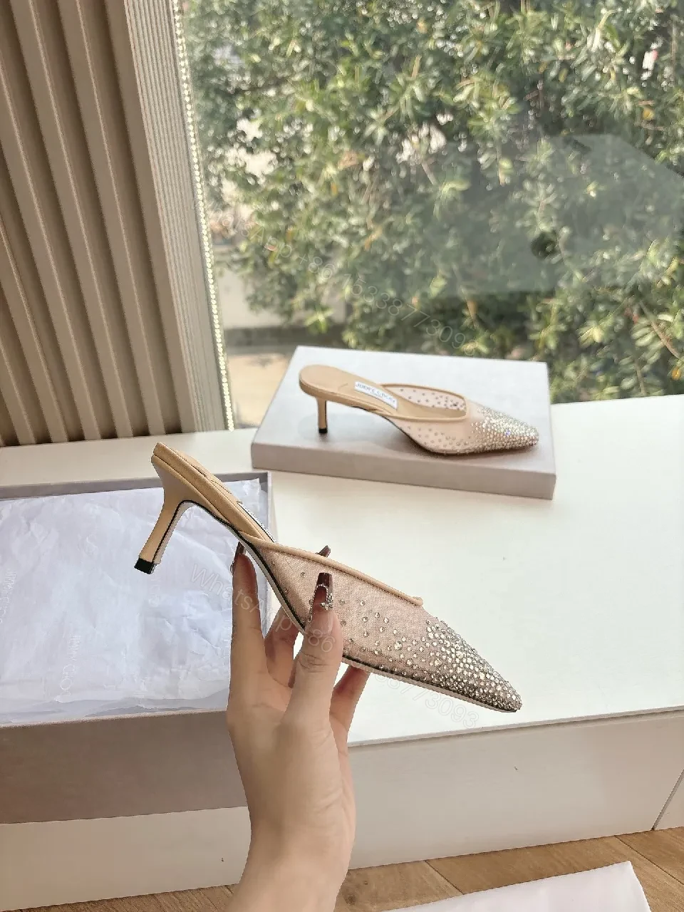 View 8 of Beige Beaded Pointed-Toe Mules — Luxe Crystal Shine