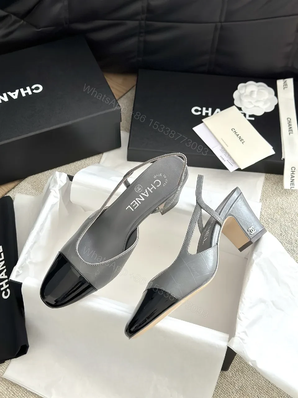 View 2 of Gray Patent-Toe Slingback Heels: Modern Block-Color Comfort