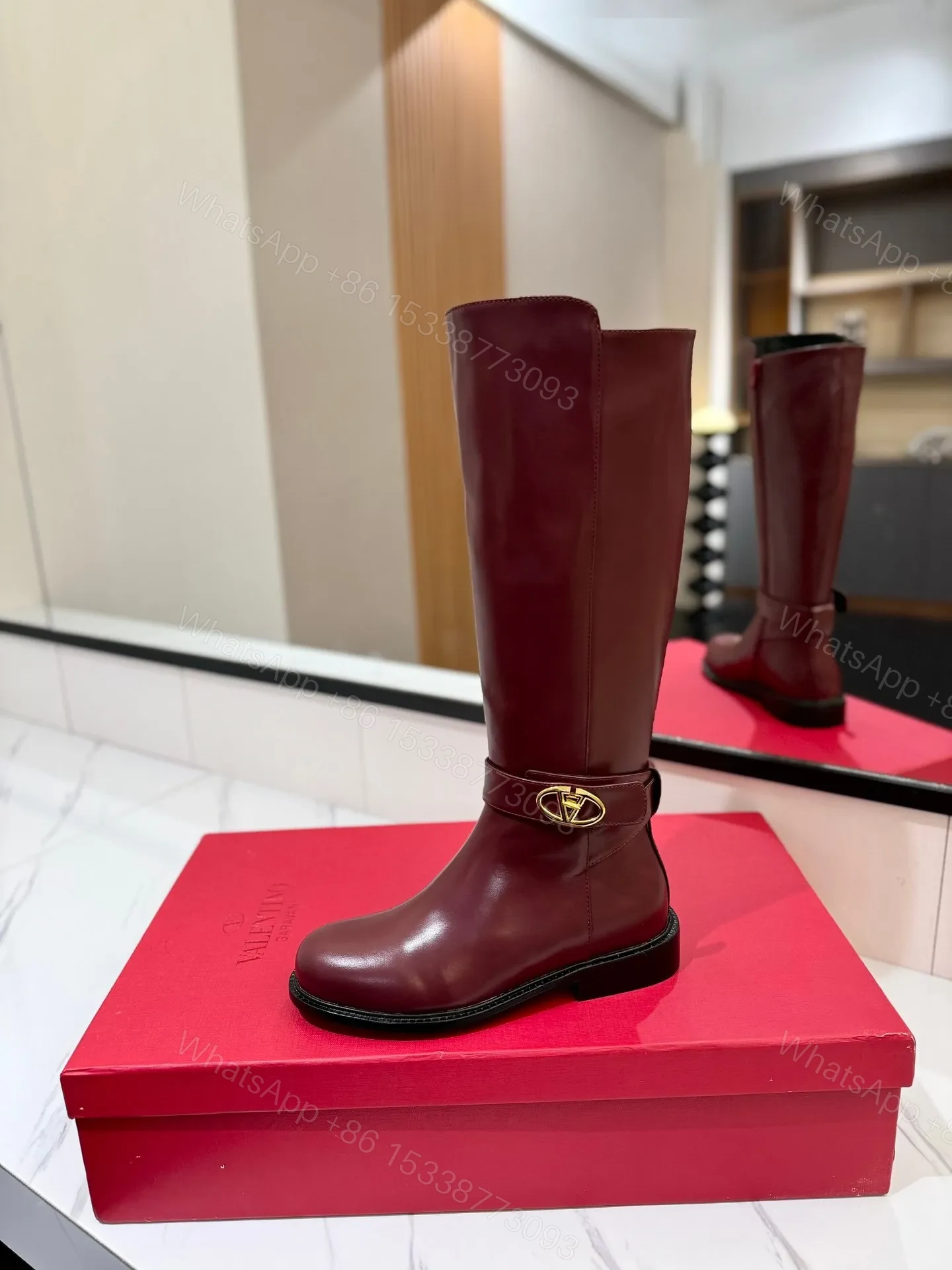 View 5 of Valentino Women Burgundy Leather Knee High Boots