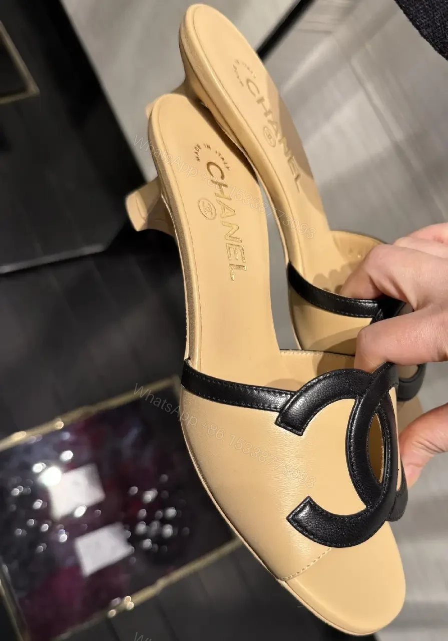 View 7 of Beige Leather Slide Signature Chanel Logo Sandals