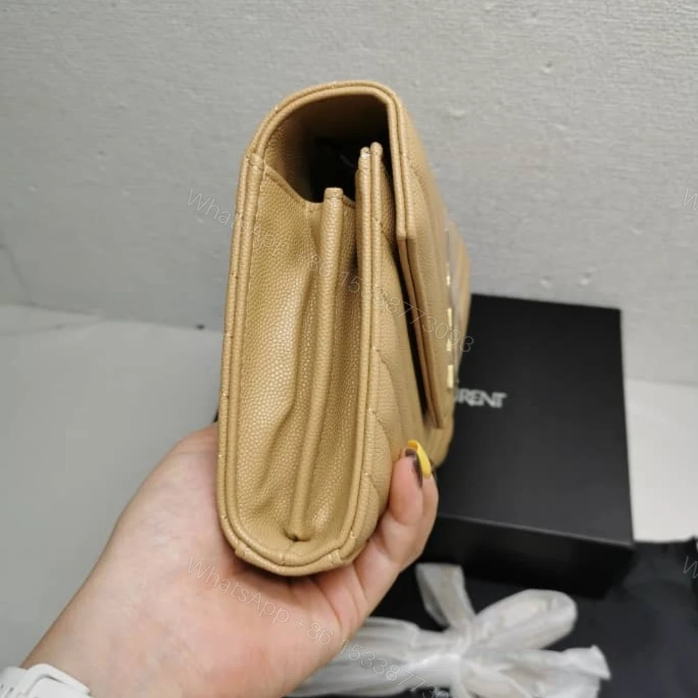 View 4 of Saint Laurent Cassandre Matelassé Chain Wallet In Grain De Poudre Embossed Beige 22Cm