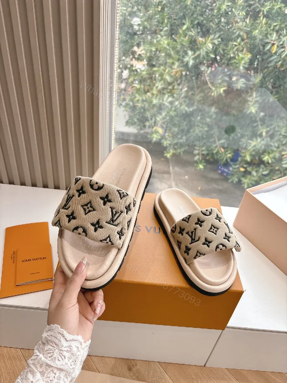 View 4 of Beige Monogram Sandals: Luxury Comfort Slip-Ons