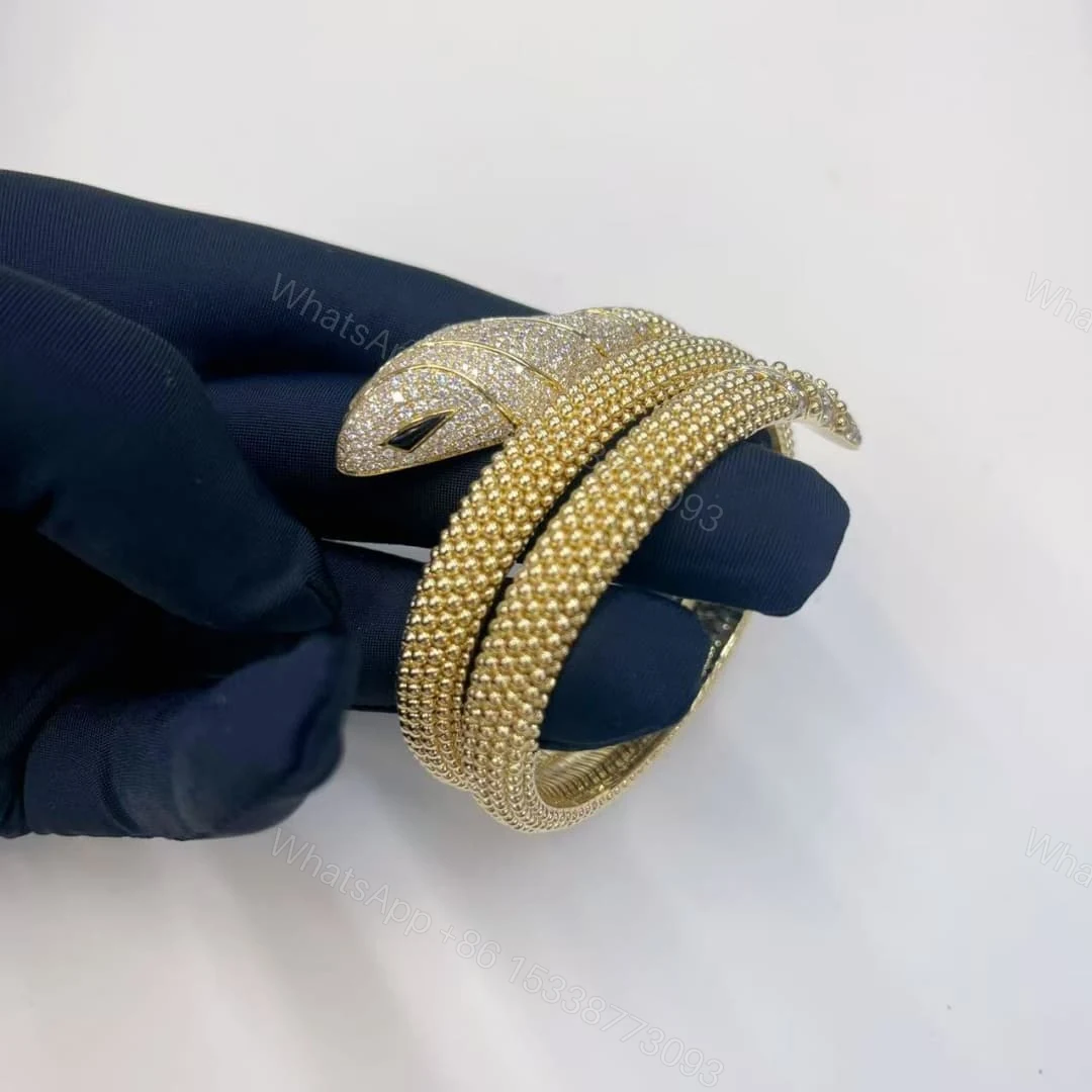 View 2 of 18kt Gold Bvlgari Serpenti Two-Coil Bracelet With Head and Tail Diamonds Onyx 358432