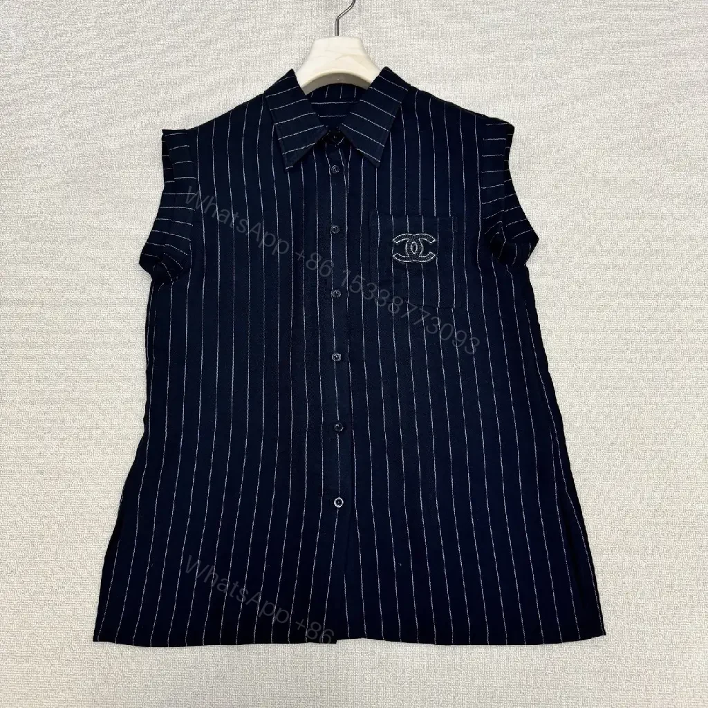 View 11 of Navy Pinstripe Linen Set with Chanel Logo Pocketless Style