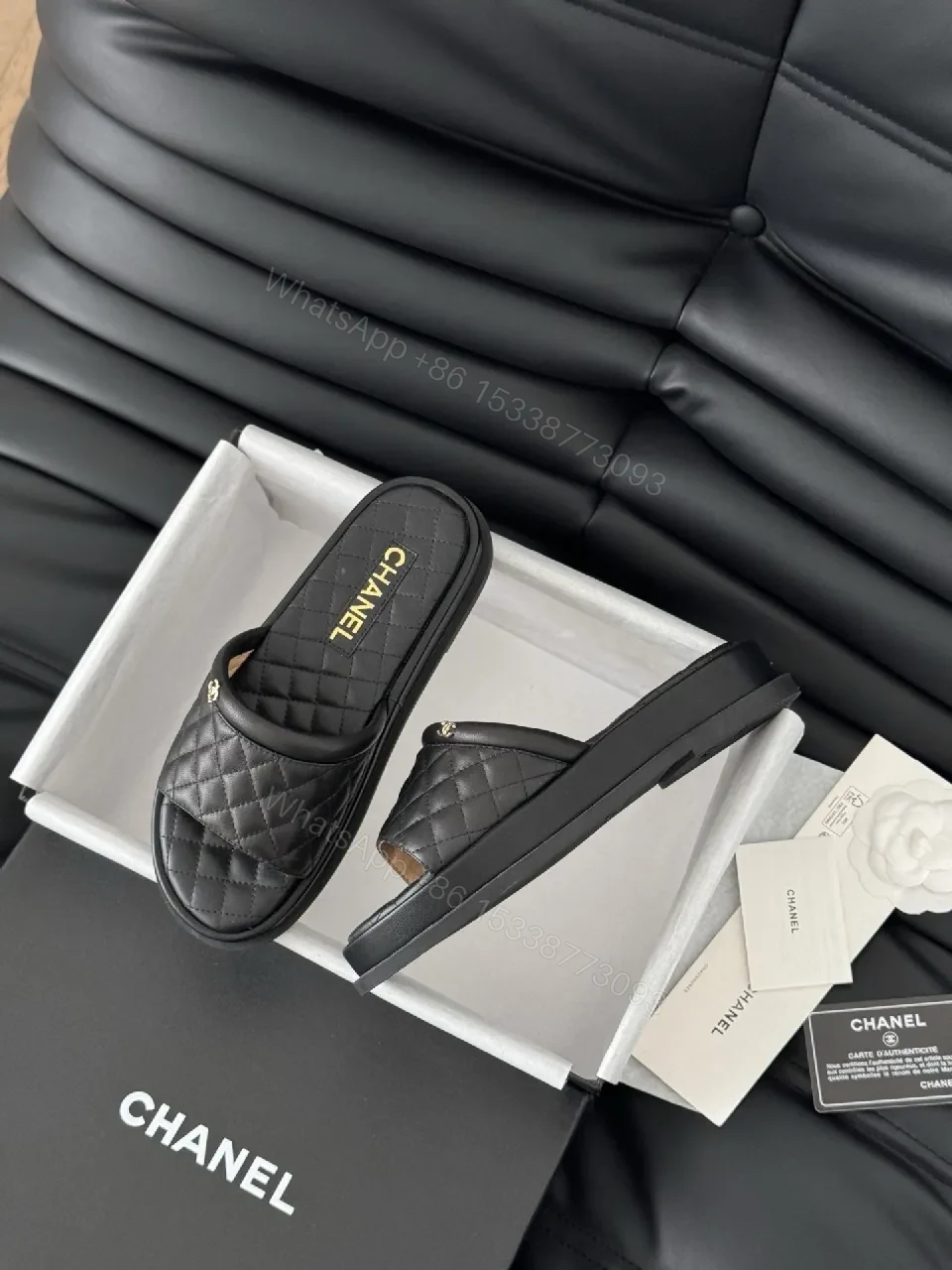 View 6 of Quilted Black Slip-Ons with Gold Logo - Luxe Comfort Shoes