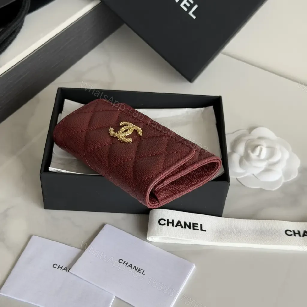 View 4 of Burgundy Quilted Leather Wallet — Gold Logo, Compact Bifold